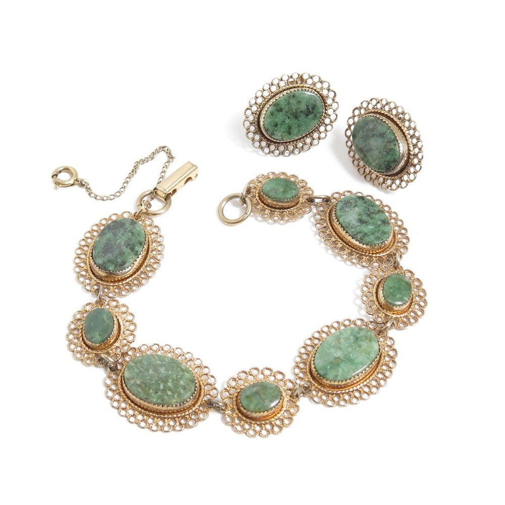 Vintage BEAU STERLING Signed Gold Vermeil Filigree Jade Cab Bracelet‎ & Earrings